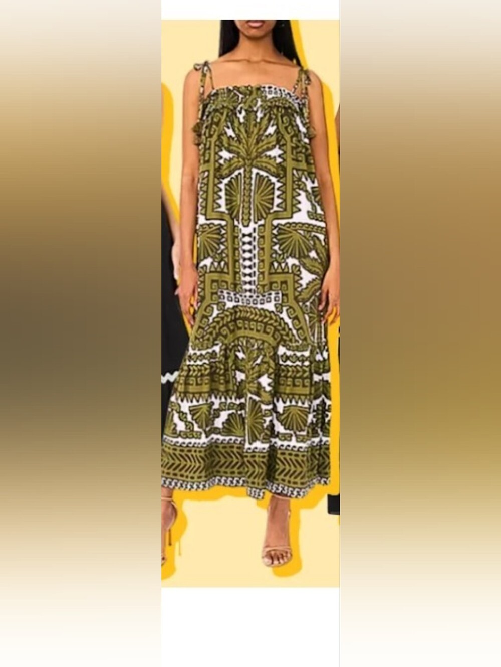 Olive Green Printed Maxi Dress with Tie Shoulder Straps And Pockets